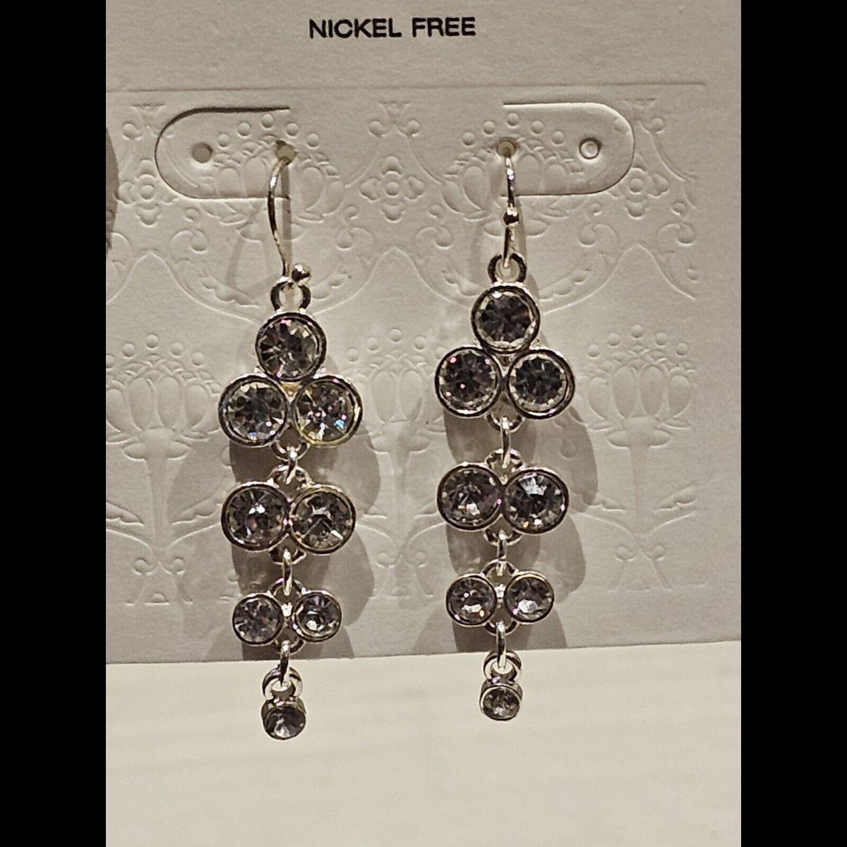 Tiered Chandelier Like Earrings Silver Tone Clear Rhinestones Nickel Free